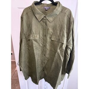 Roamans Women Shirt 32W Olive Green Long Sleeve Button Up Collared Blouse Pocket